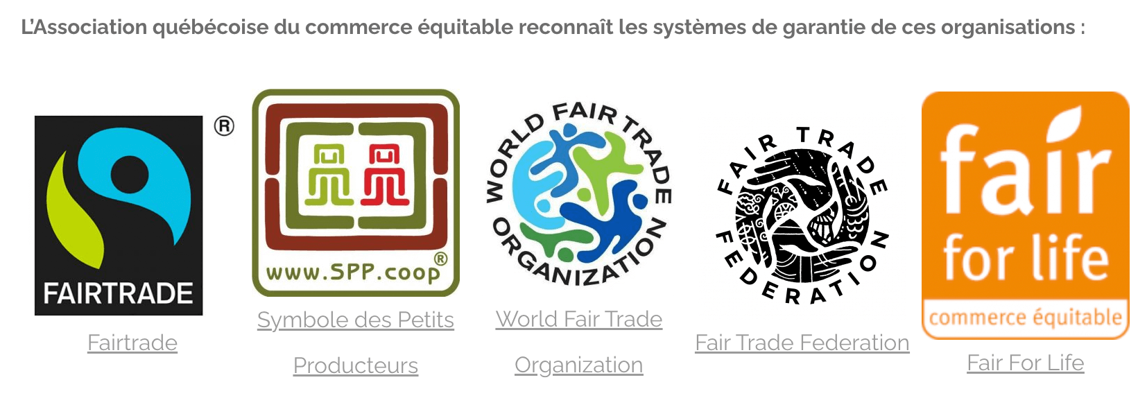 Les logos du commerce équitable reconnus par l'Association Québécoise du Commerce Equitable.